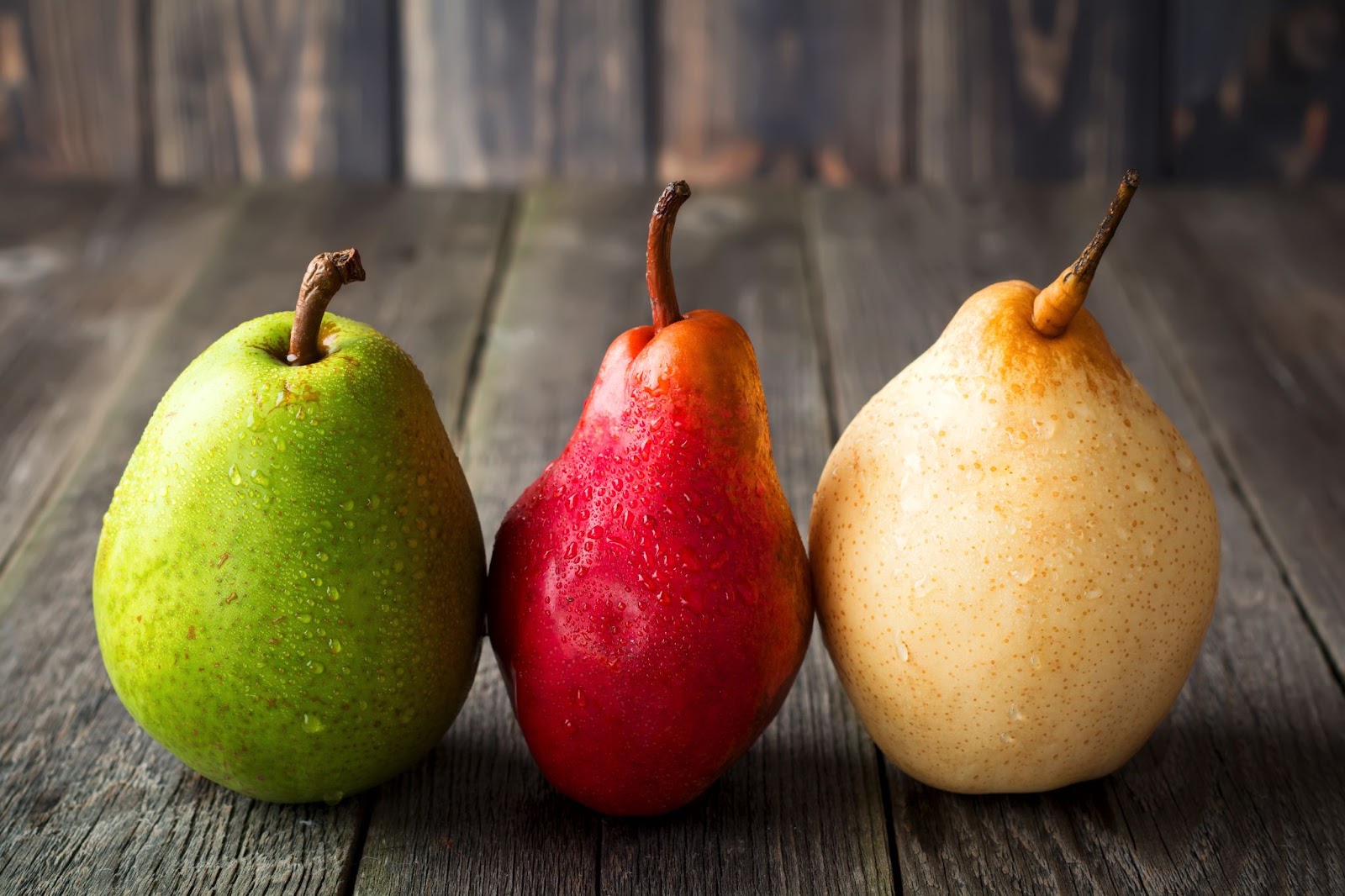 Three multi-colored winter pears lined up, red, green and yellow.