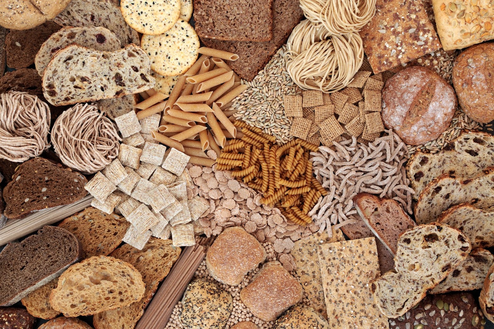 Image of several different kinds of high-fiber, low-fat, complex carbohydrates