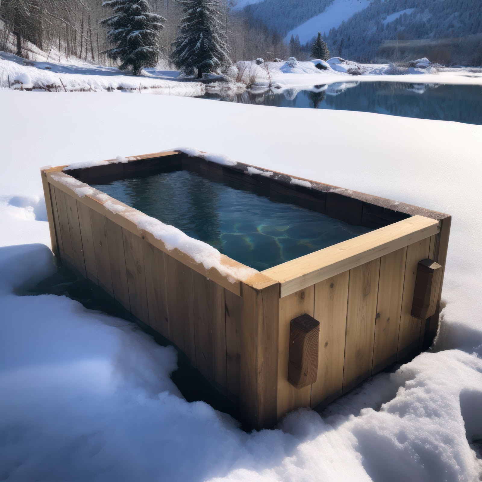 Outdoor cold plunge tub in a snowy, mountainous area