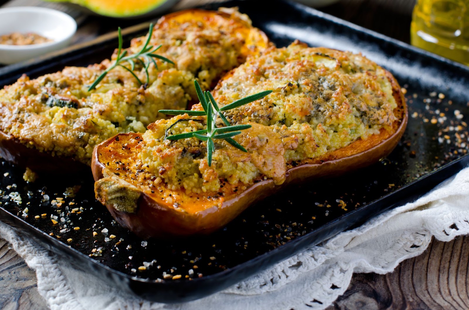Stuffed Thanksgiving butternut squash with tempeh