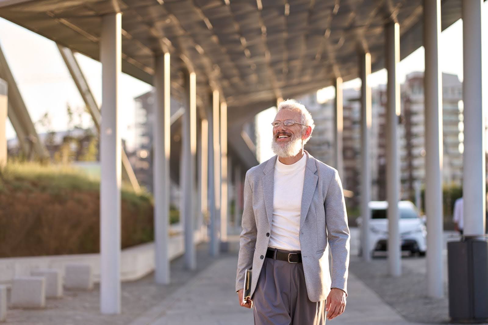 Older man going for a walk while at work